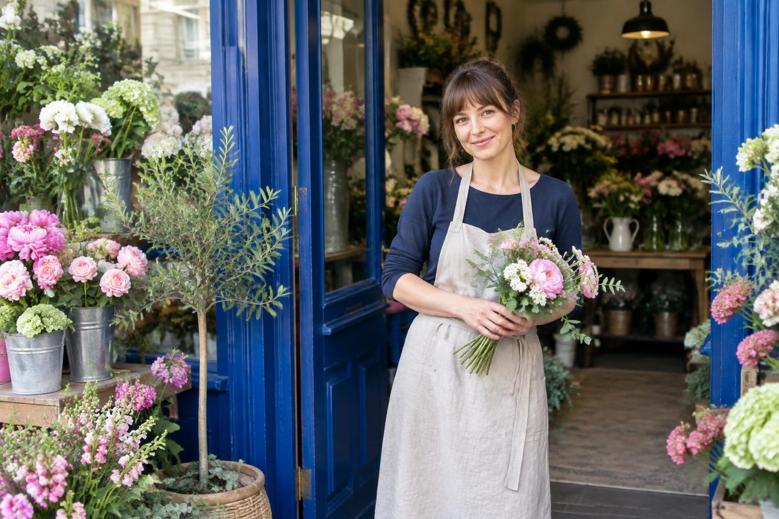 Une fleuriste dans sa boutique, exemple de visuel pour un site